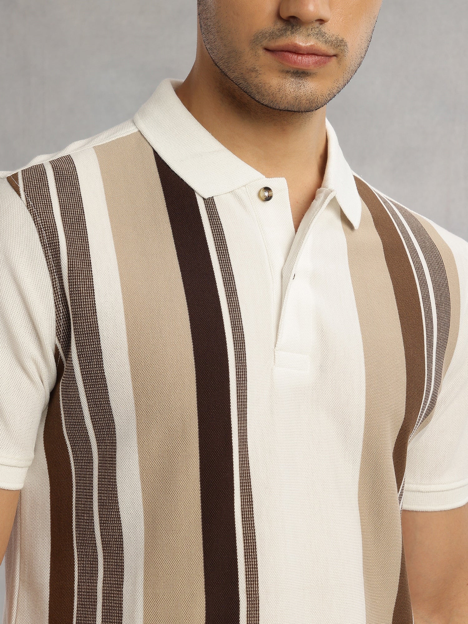 Thomas Scott Men Brown Regular Fit Short Sleeves Striped Cotton Polyester Knitted Polo Collar Tshirt
