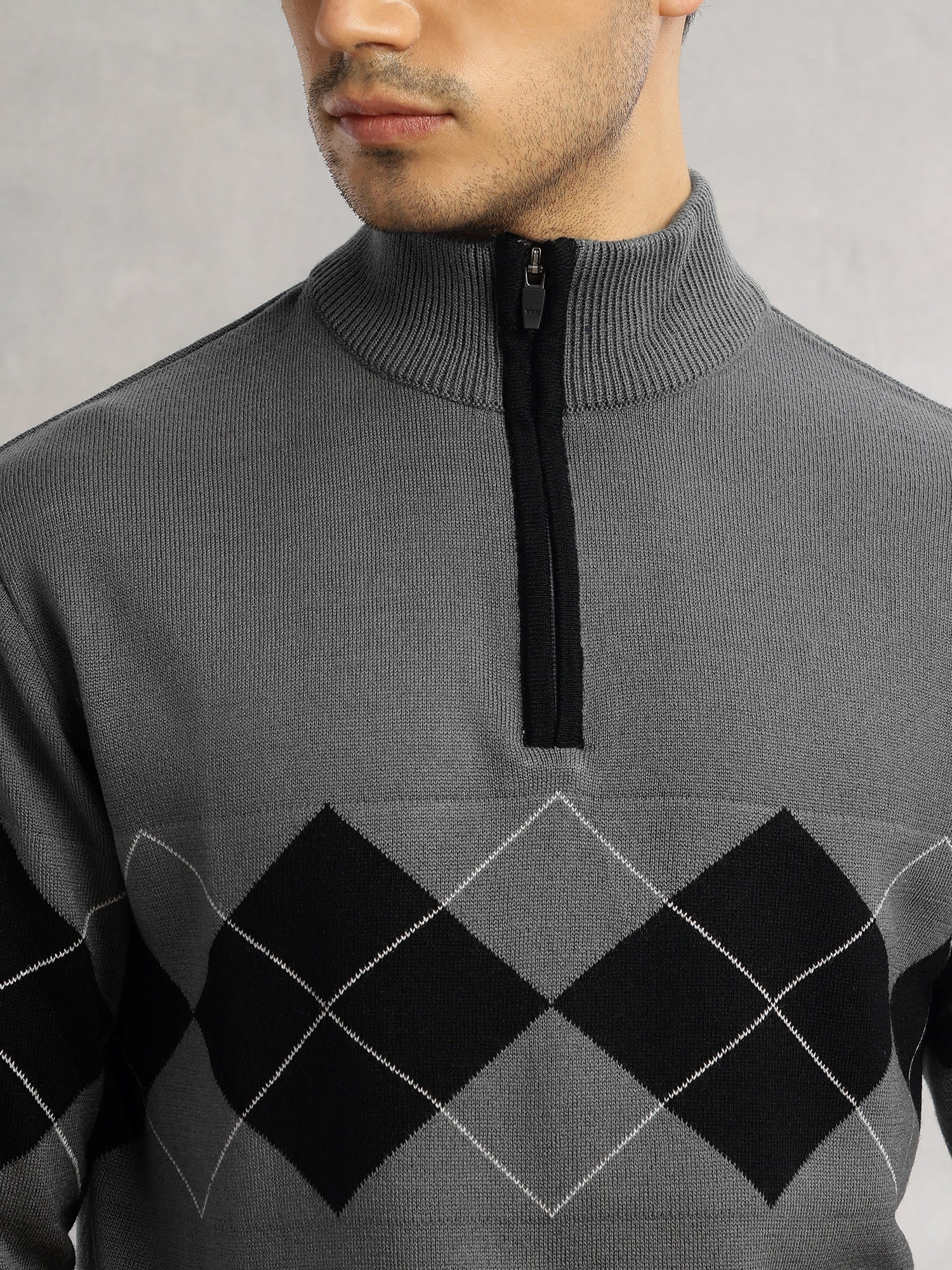 Thomas Scott Men Grey Regular Fit Long Sleeves High Neck Self Design 100% Acrylic Knitted Pullover Sweatshirt