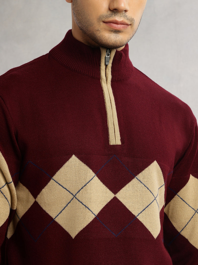 Thomas Scott Men Wine Regular Fit Long Sleeves High Neck Self Design 100% Acrylic Knitted Pullover Sweatshirt