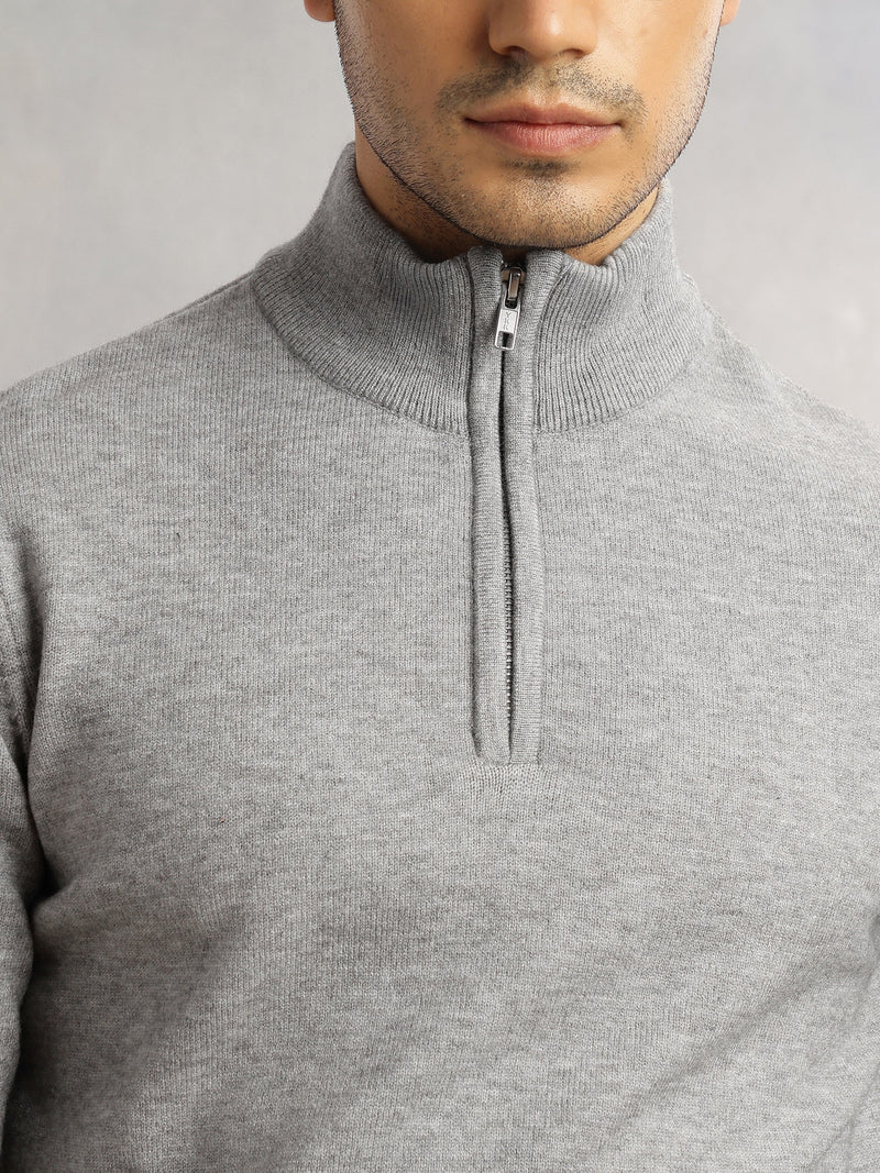 Thomas Scott Men Grey Regular Fit Long Sleeves High Neck Solid Knitted Pullover Sweatshirt