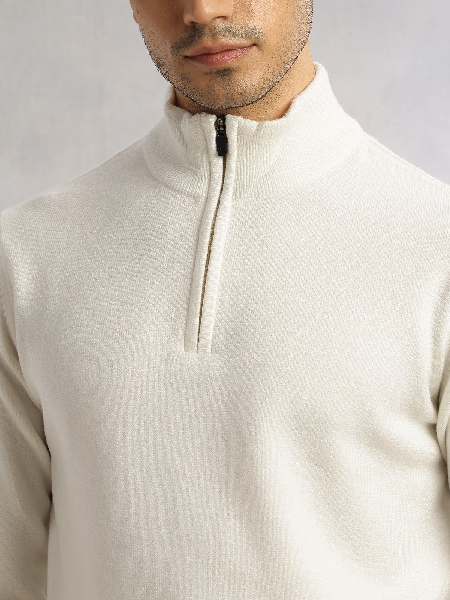 White Regular Fit Long Sleeves High Neck Solid Knitted Pullover Sweatshirt