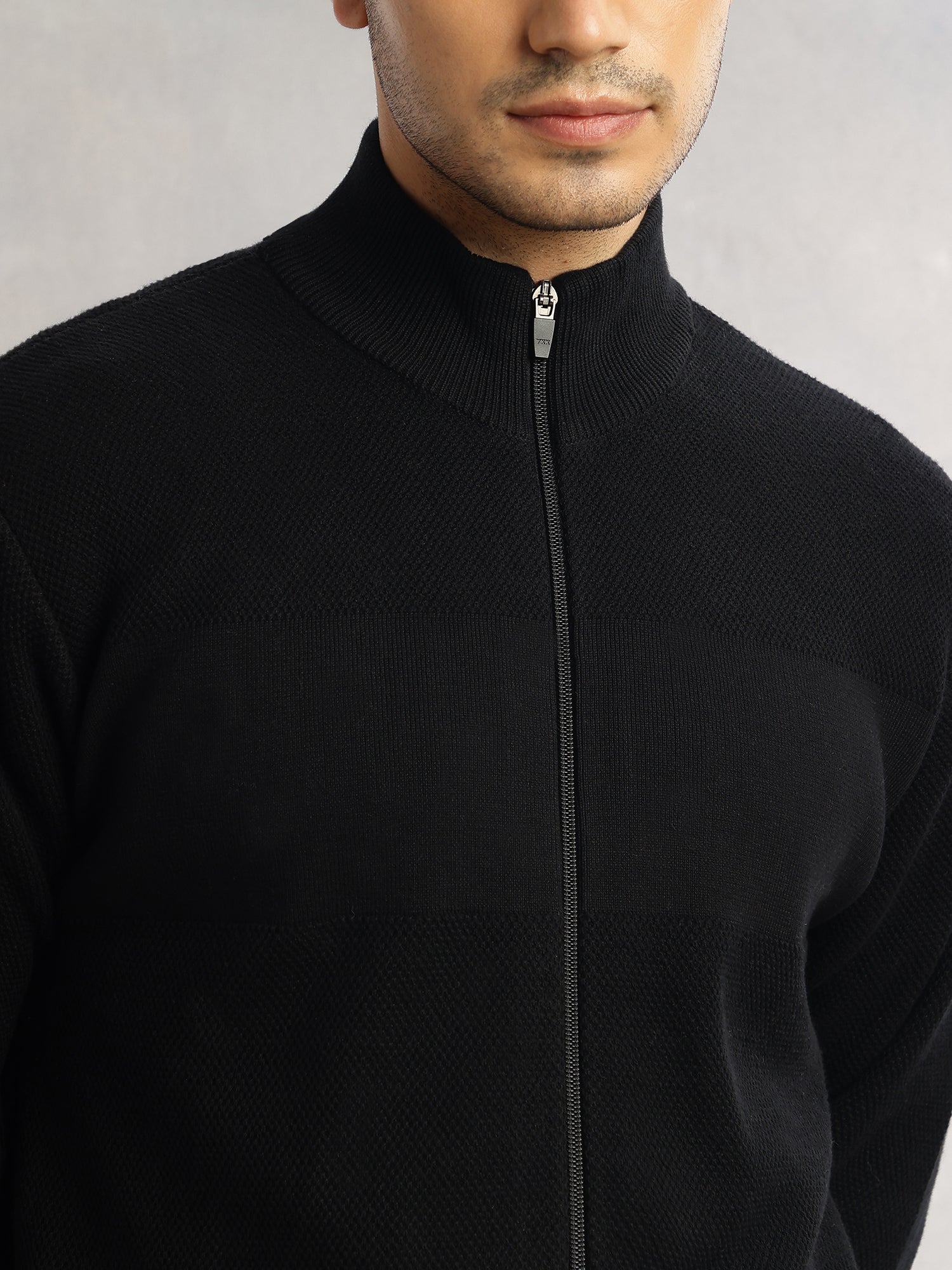 Thomas Scott Men Black Regular Fit Long Sleeves 100% Cotton Solid Front Open Knitted Sweatshirt