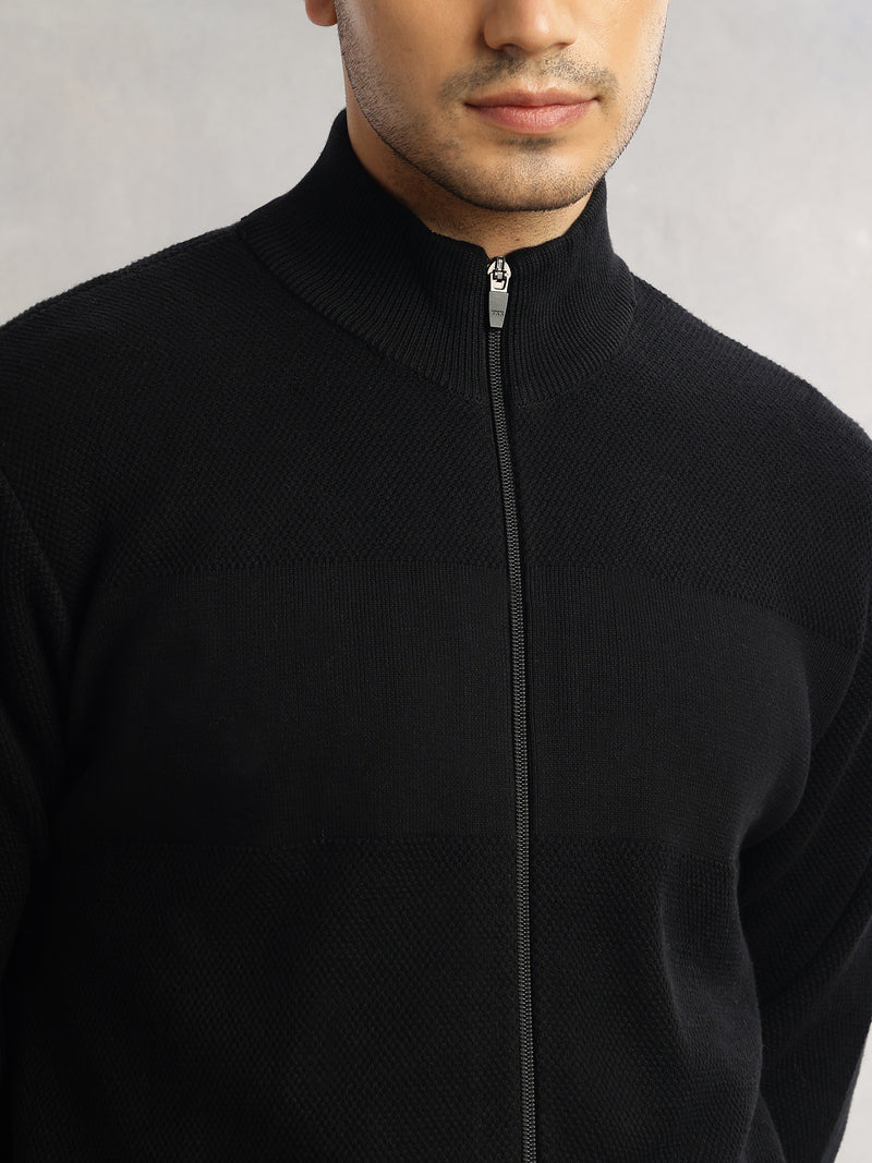 Thomas Scott Men Black Regular Fit Long Sleeves 100% Cotton Solid Front Open Knitted Sweatshirt