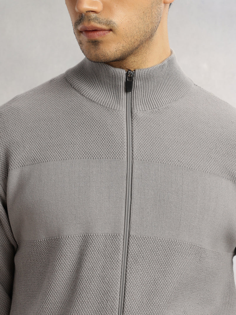 Thomas Scott Men Grey Regular Fit Long Sleeves 100% Cotton Solid Front Open Knitted Sweatshirt