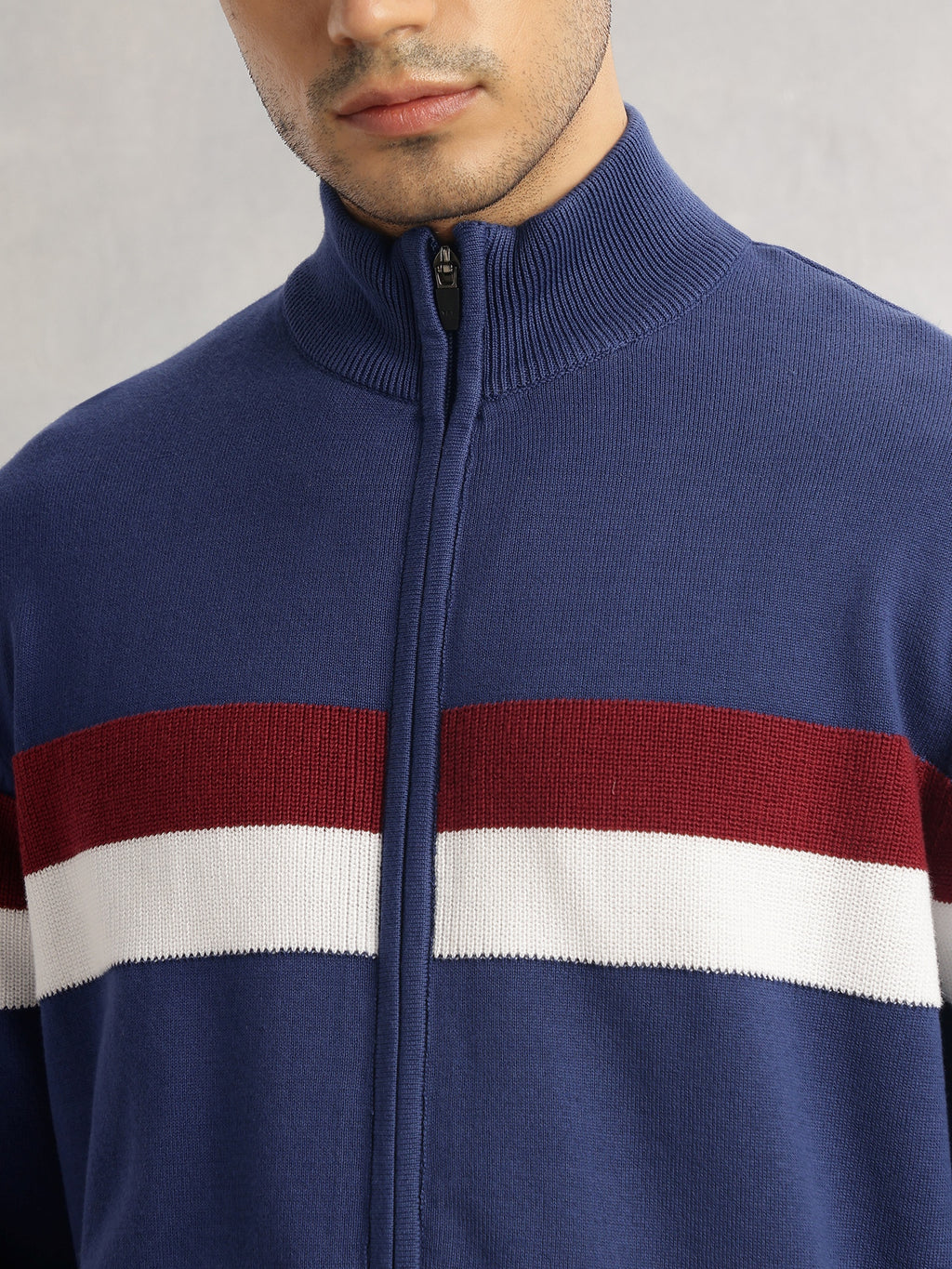 Thomas Scott Men Blue Regular Fit Long Sleeves High Neck Self Design 100% Cotton Knitted Sweatshirt