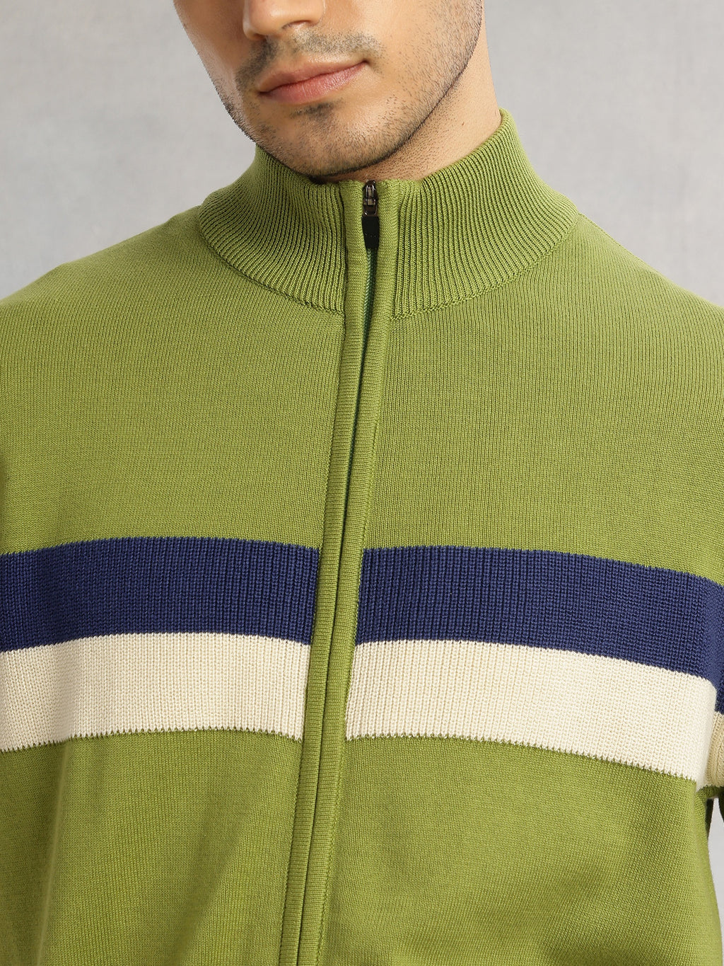Thomas Scott Men Green Regular Fit Long Sleeves High Neck Self Design 100% Cotton Knitted Sweatshirt