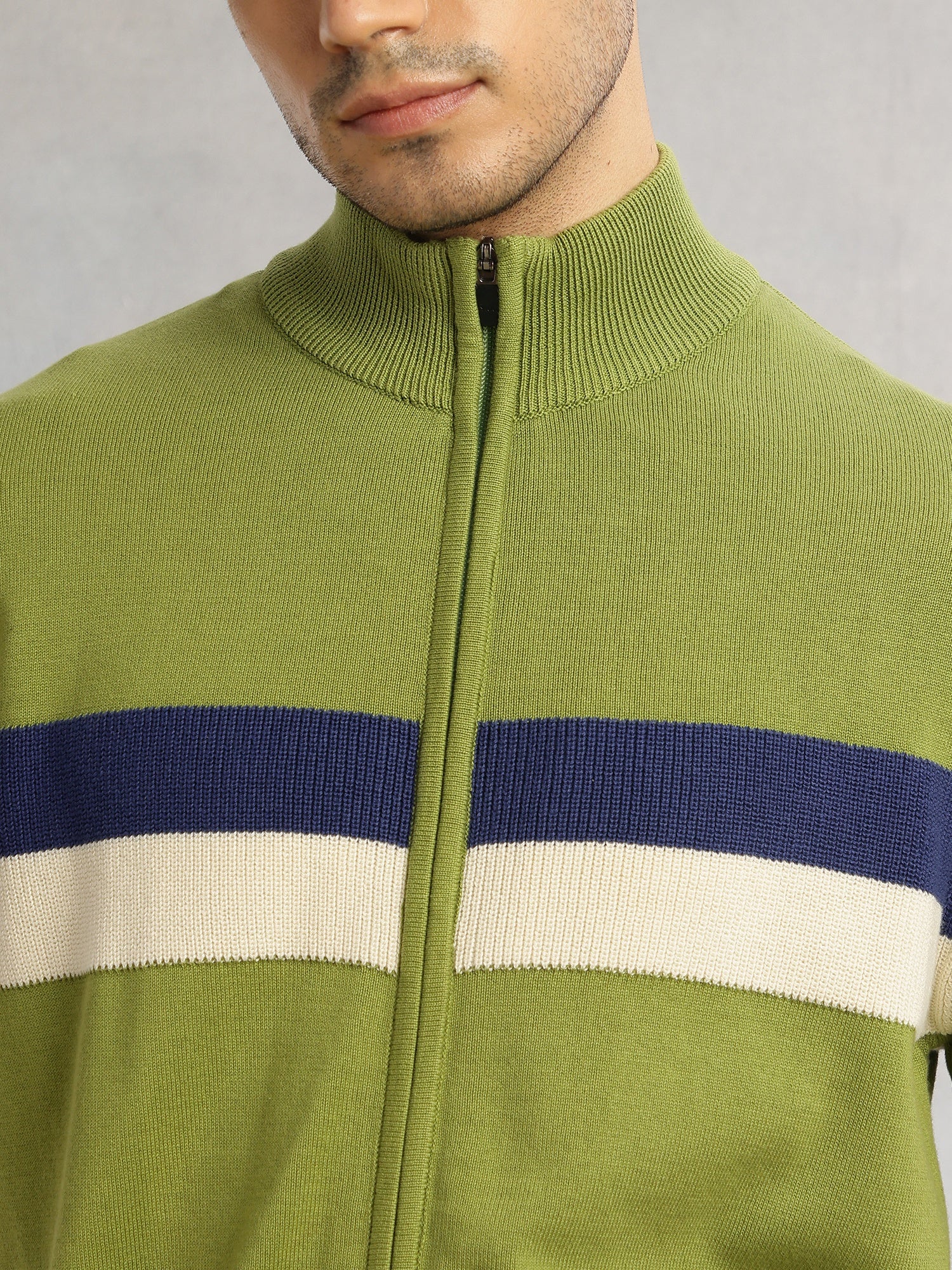 Thomas Scott Men Green Regular Fit Long Sleeves High Neck Self Design 100% Cotton Knitted Sweatshirt