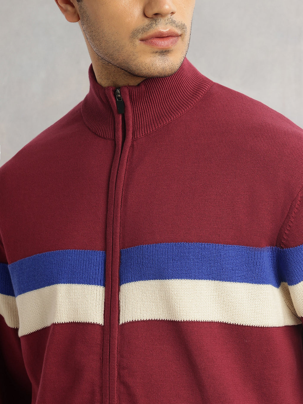 Thomas Scott Men Red Regular Fit Long Sleeves High Neck Self Design 100% Cotton Knitted Sweatshirt