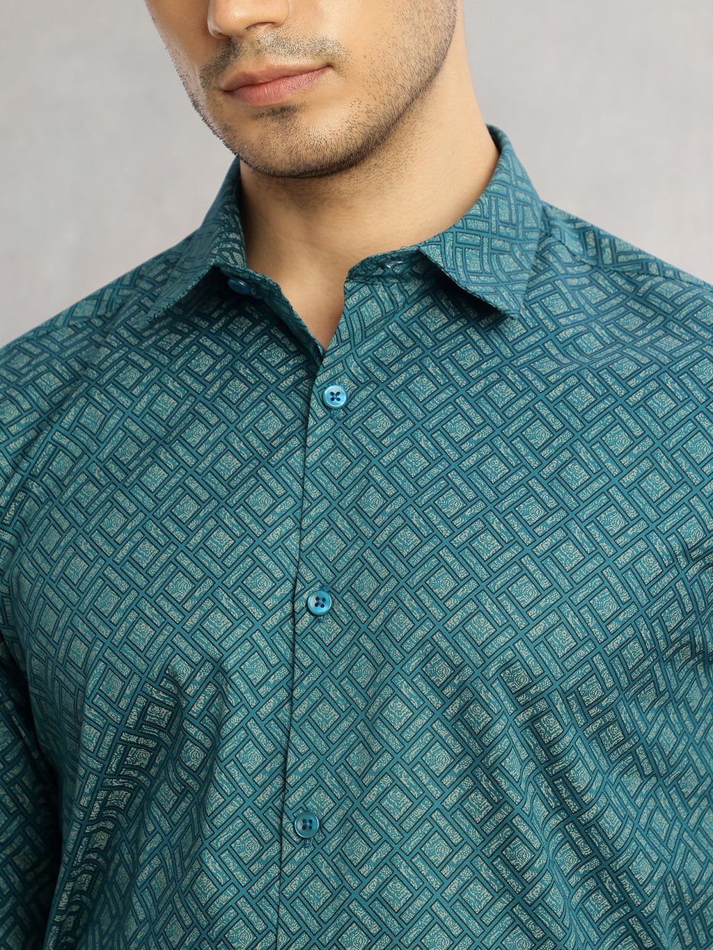 Thomas Scott Men Teal Regular Fit Long Sleeves Spread Collar Geometric Printed 100% Cotton Formal Shirt