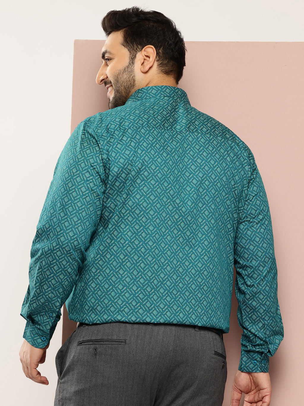 Thomas Scott Men Teal Plus Size Regular Fit Long Sleeves Spread Collar Geometric Printed 100% Cotton Formal Shirt