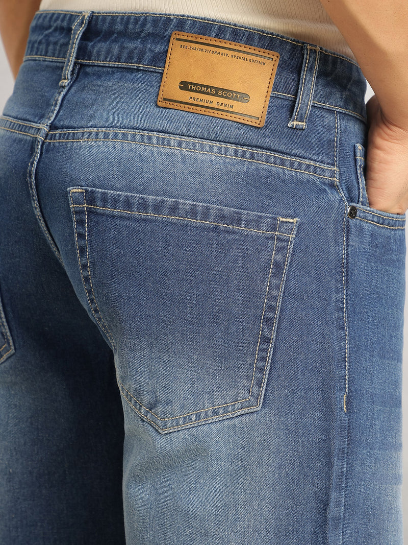 Thomas Scott Men Mid Blue Mid-Rise Baggy Fit Light Fade Clean Look 100% Cotton Non Stretchable Jeans