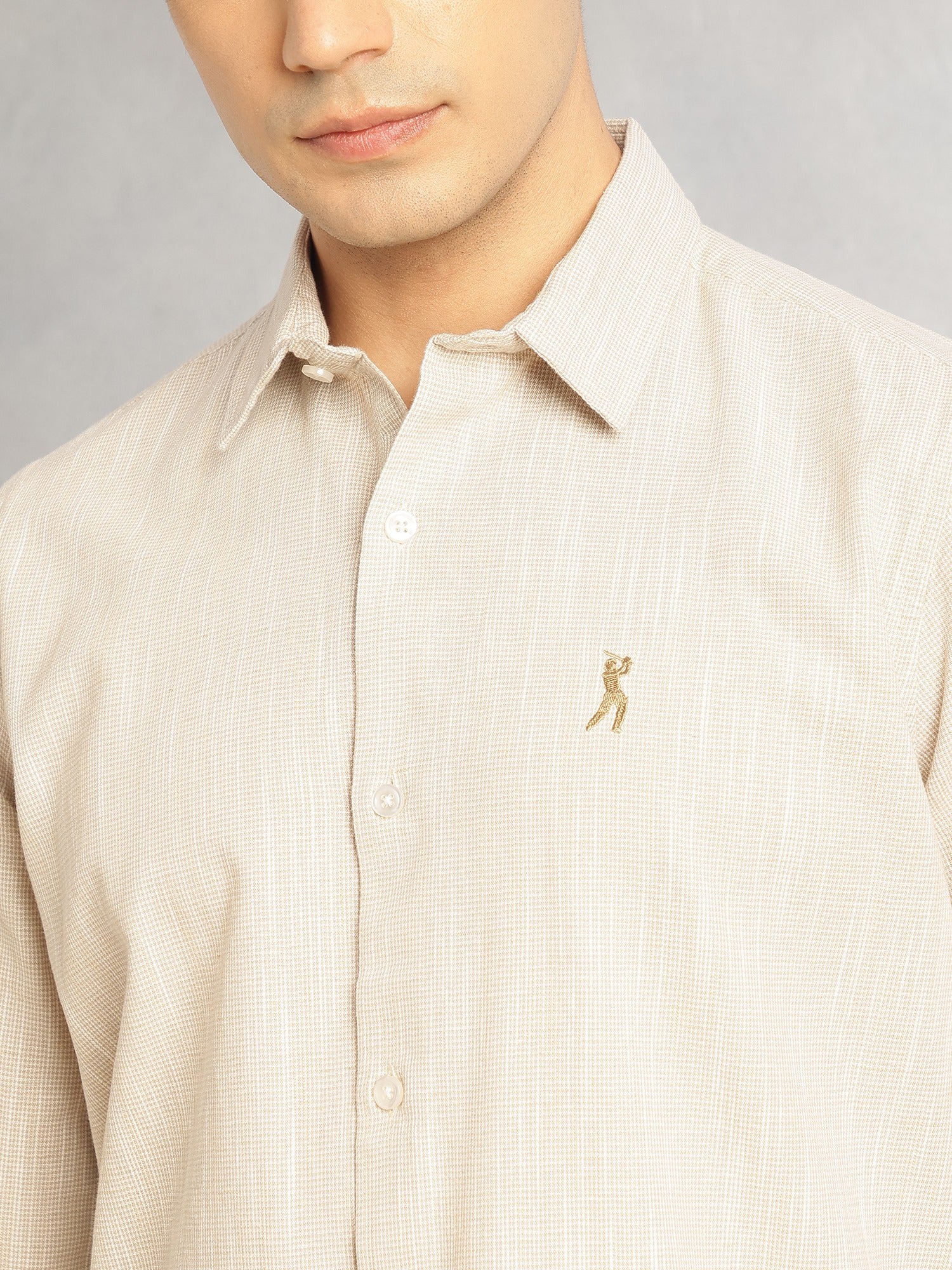 Thomas Scott Men Beige Cricket Club Collection Slim Fit Long Sleeves Spread Collar Pinstripes Cotton Linen Casual Shirt
