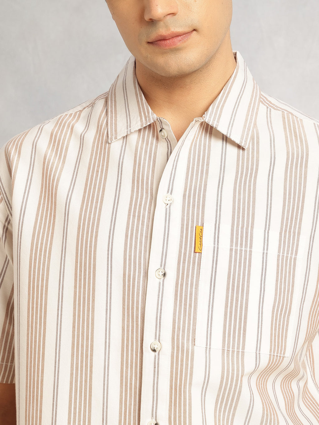 Thomas Scott Men Beige Cricket Club Collection Oversized Short Sleeves Cuban Collar Vertical Striped 100% Cotton Oxford Casual Shirt