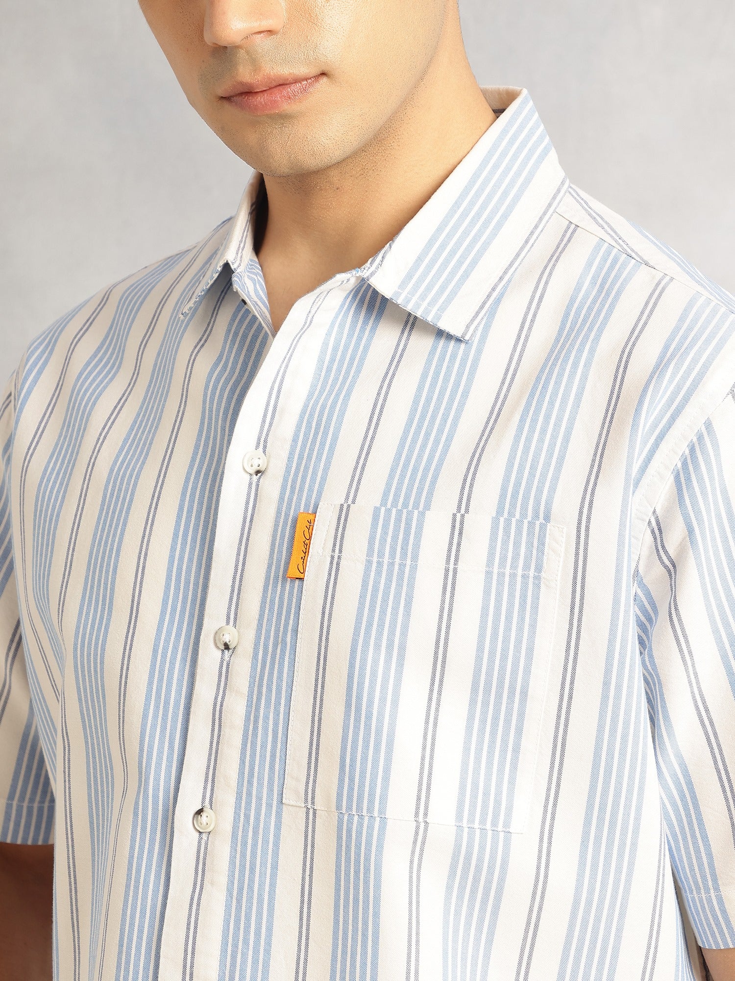 Thomas Scott Men Blue Cricket Club Collection Oversized Short Sleeves Cuban Collar Vertical Striped 100% Cotton Oxford Casual Shirt