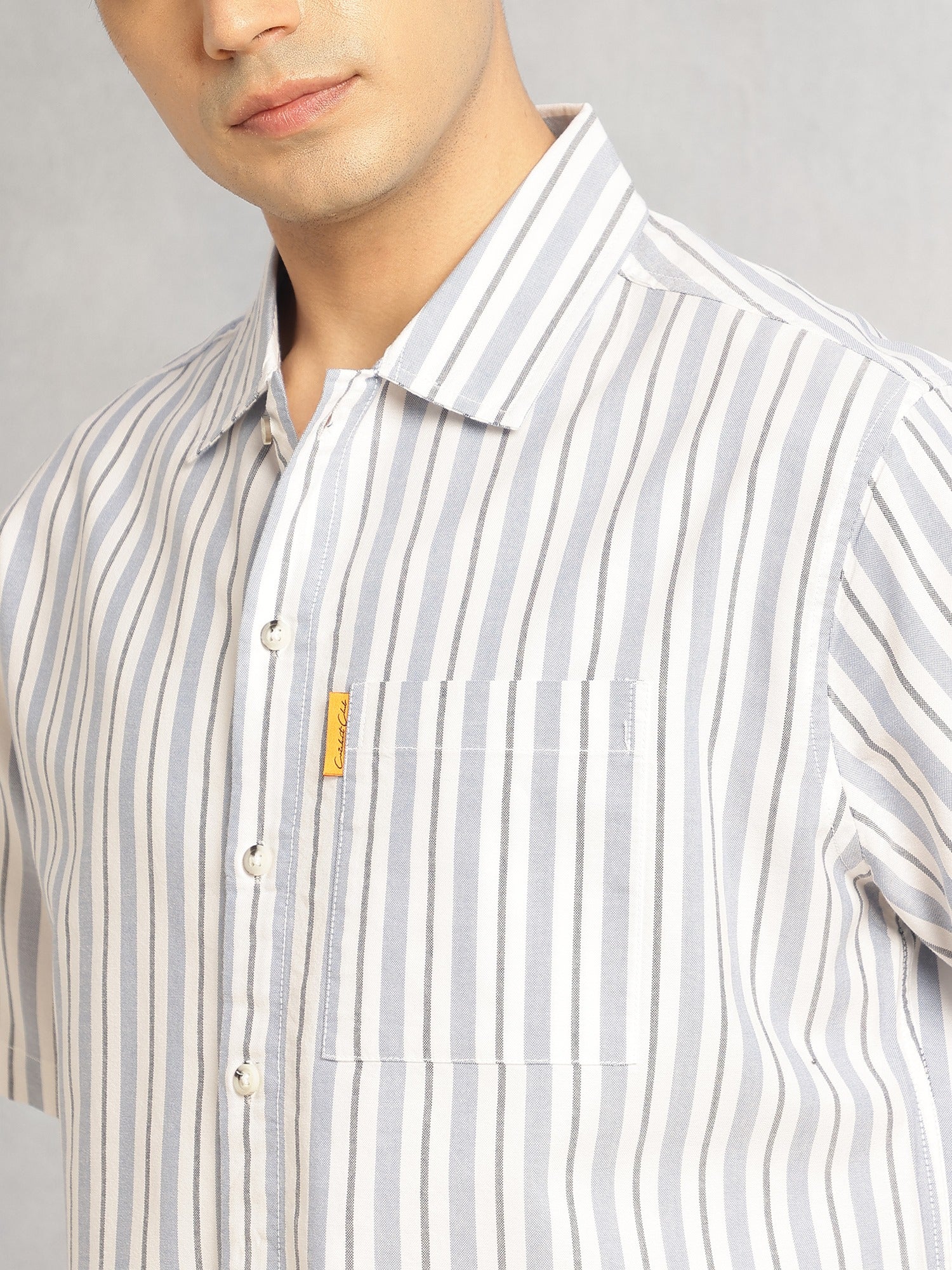 Thomas Scott Men Blue Cricket Club Collection Oversized Short Sleeves Cuban Collar Vertical Striped 100% Cotton Oxford Casual Shirt