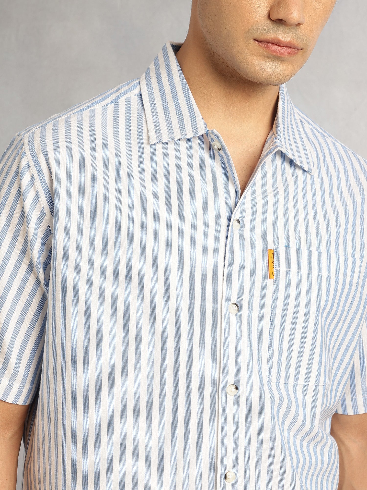 Thomas Scott Men Blue Cricket Club Collection Oversized Short Sleeves Cuban Collar Vertical Striped 100% Cotton Oxford Casual Shirt