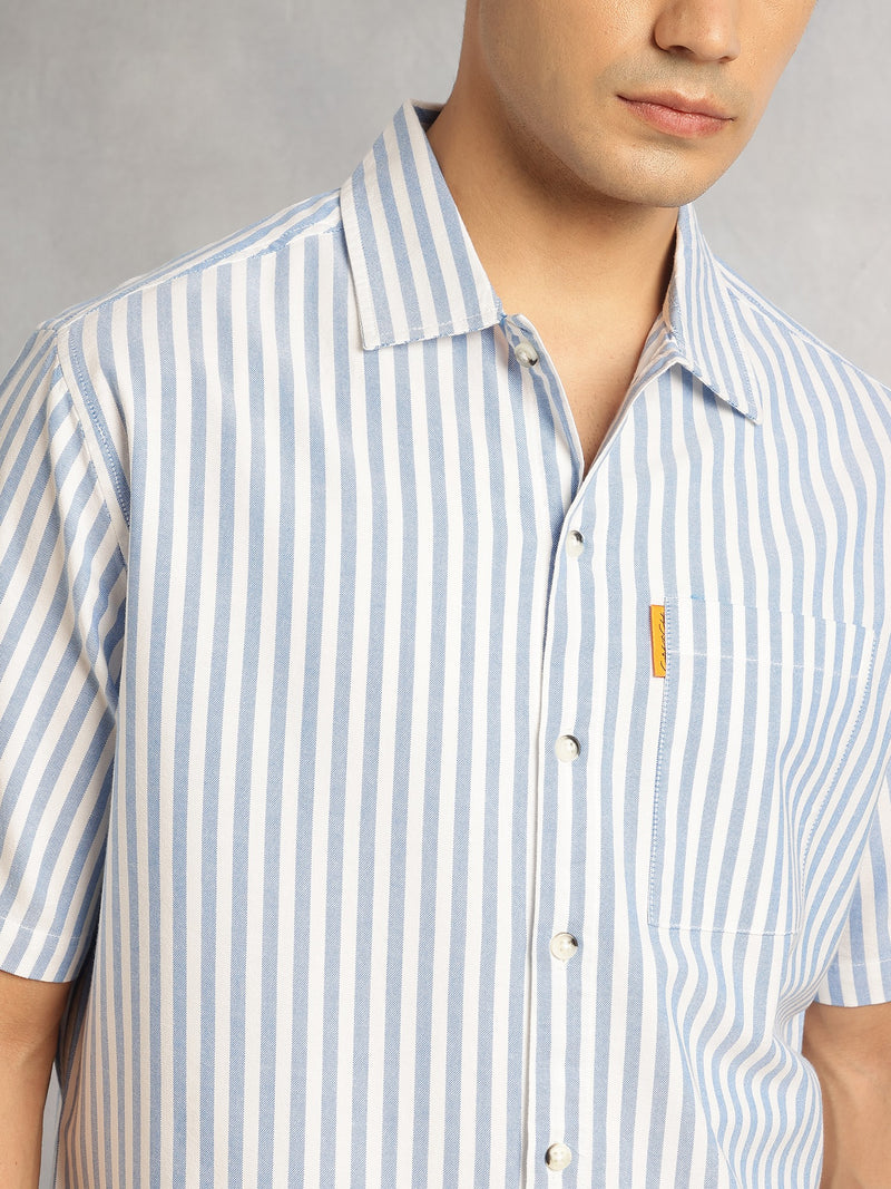 Thomas Scott Men Blue Cricket Club Collection Oversized Short Sleeves Cuban Collar Vertical Striped 100% Cotton Oxford Casual Shirt