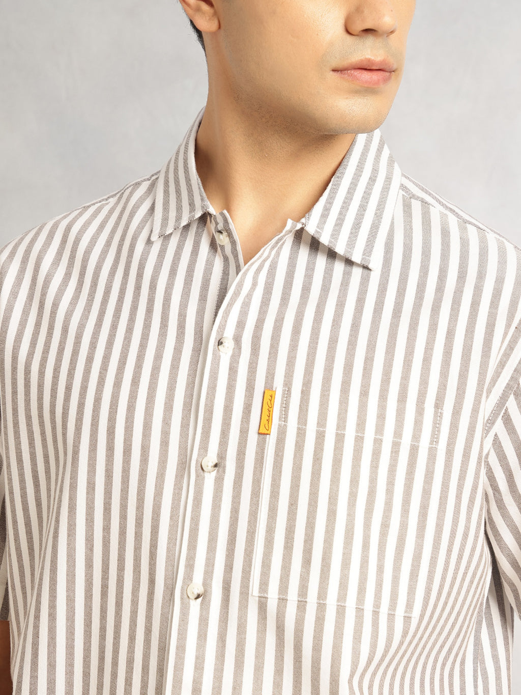 Thomas Scott Men Brown Cricket Club Collection Oversized Short Sleeves Cuban Collar Vertical Striped 100% Cotton Oxford Casual Shirt