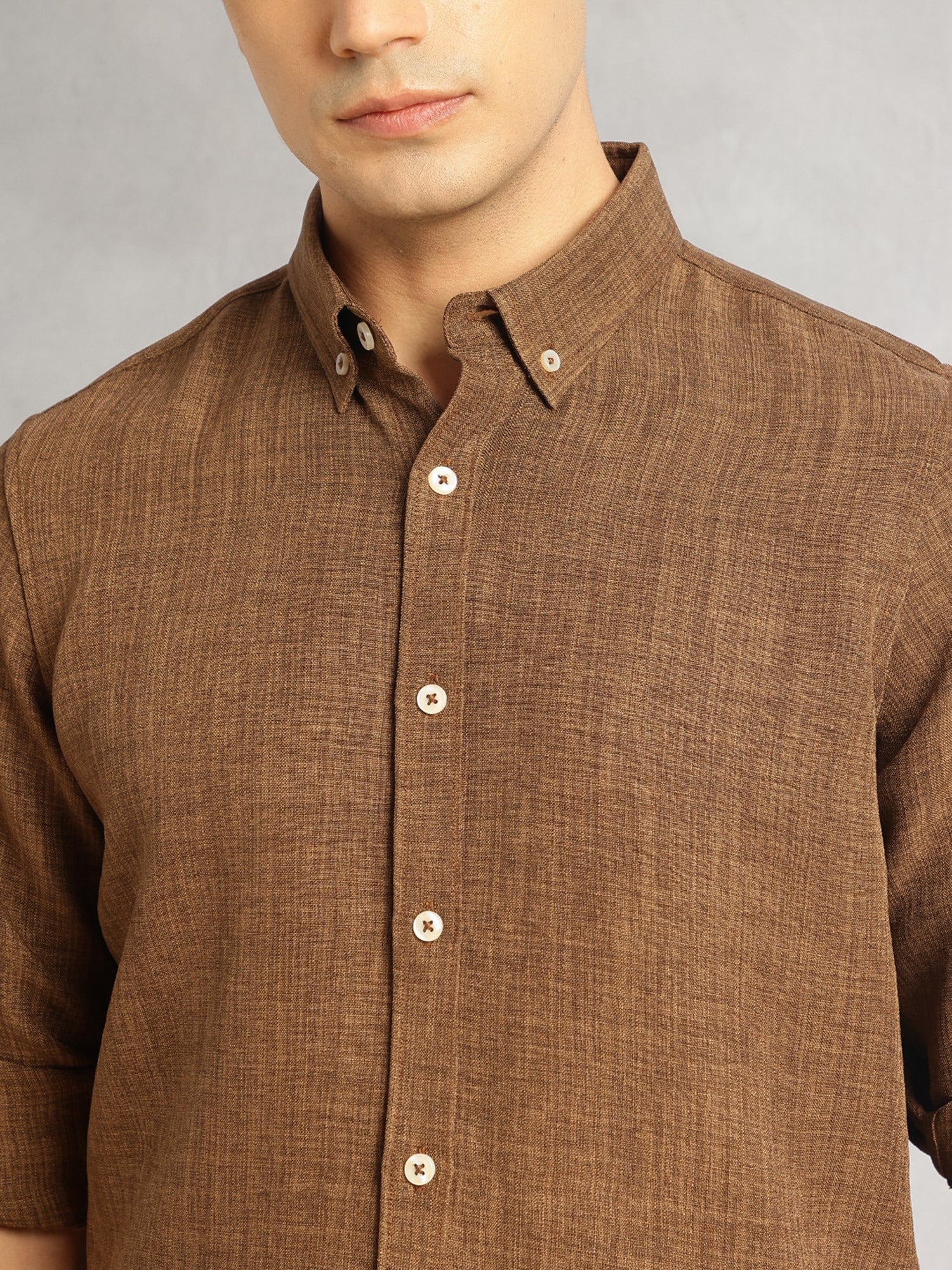 Thomas Scott Men Coffee Slim Fit Long Sleeves Button-Down Collar Polyester Casual Shirt