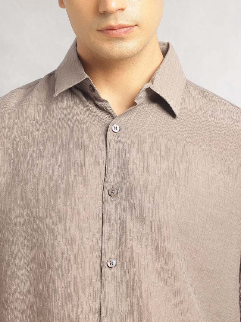 Thomas Scott Men Grey Regular Fit Long Sleeves Spread Colllar Textured Polyester Casual Shirt