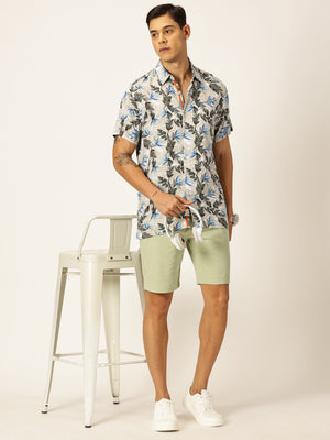 Grey Regular Fit Short Sleeves Spread Collar Tropical Printed Casual Shirt For Men