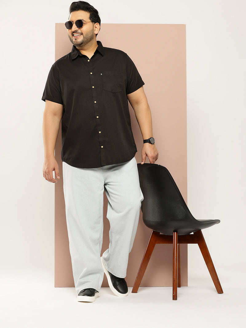 Thomas Scott Men Black Plus Size Regular Fit Short Sleeves Spread Collar 100% Cotton Casual Shirt