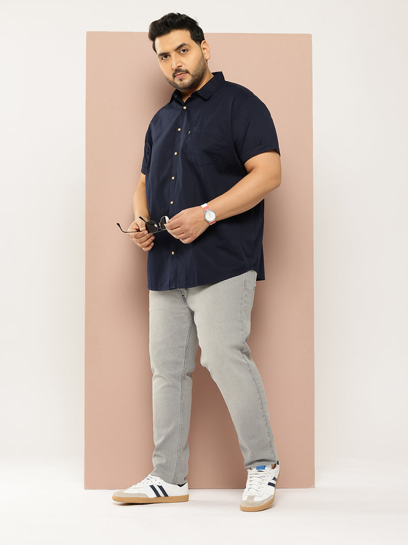 Thomas Scott Men Navy Plus Size Regular Fit Short Sleeves Spread Collar 100% Cotton Casual Shirt