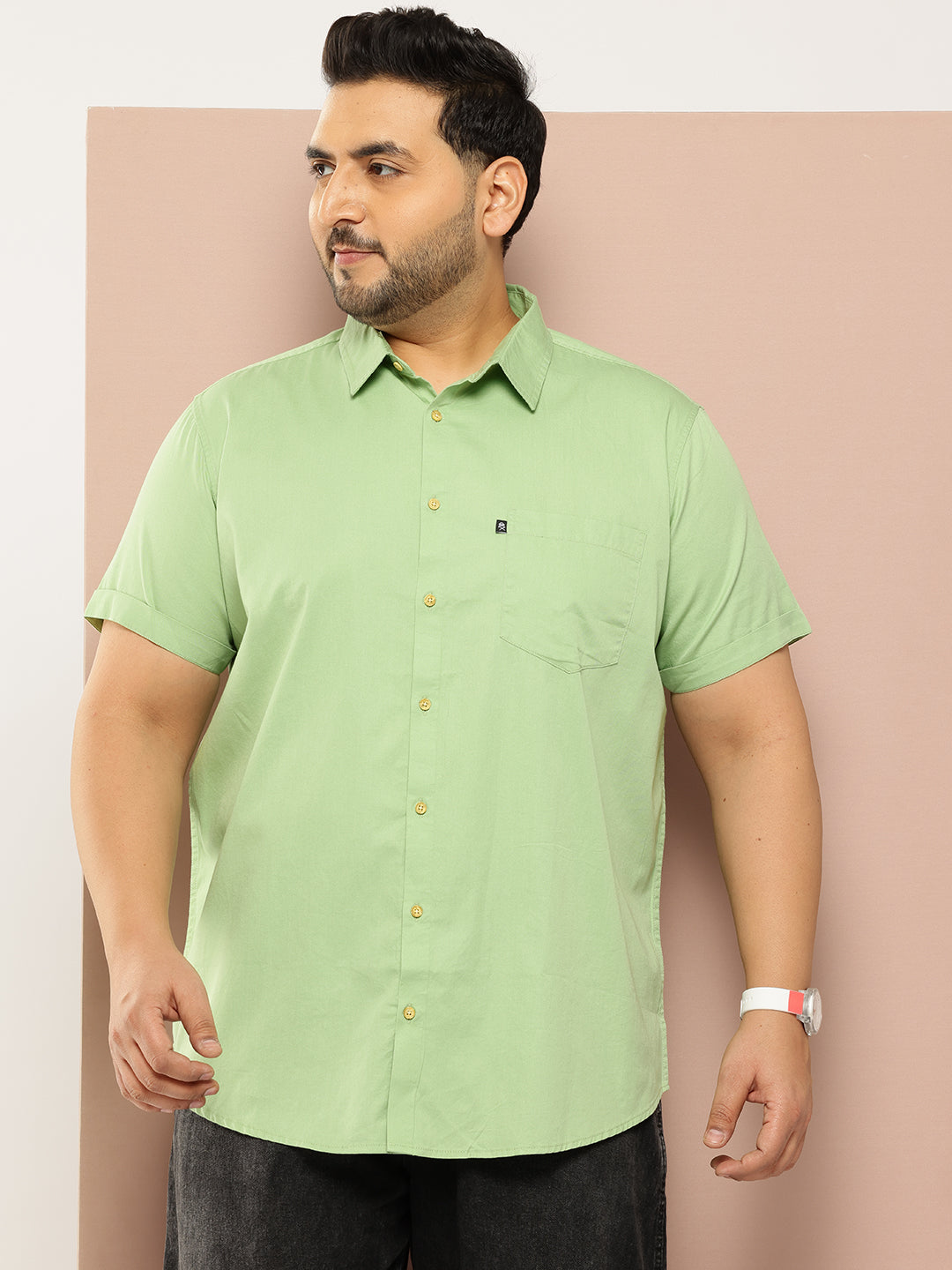 Thomas Scott Men Pista Plus Size Regular Fit Short Sleeves Spread Collar 100% Cotton Casual Shirt