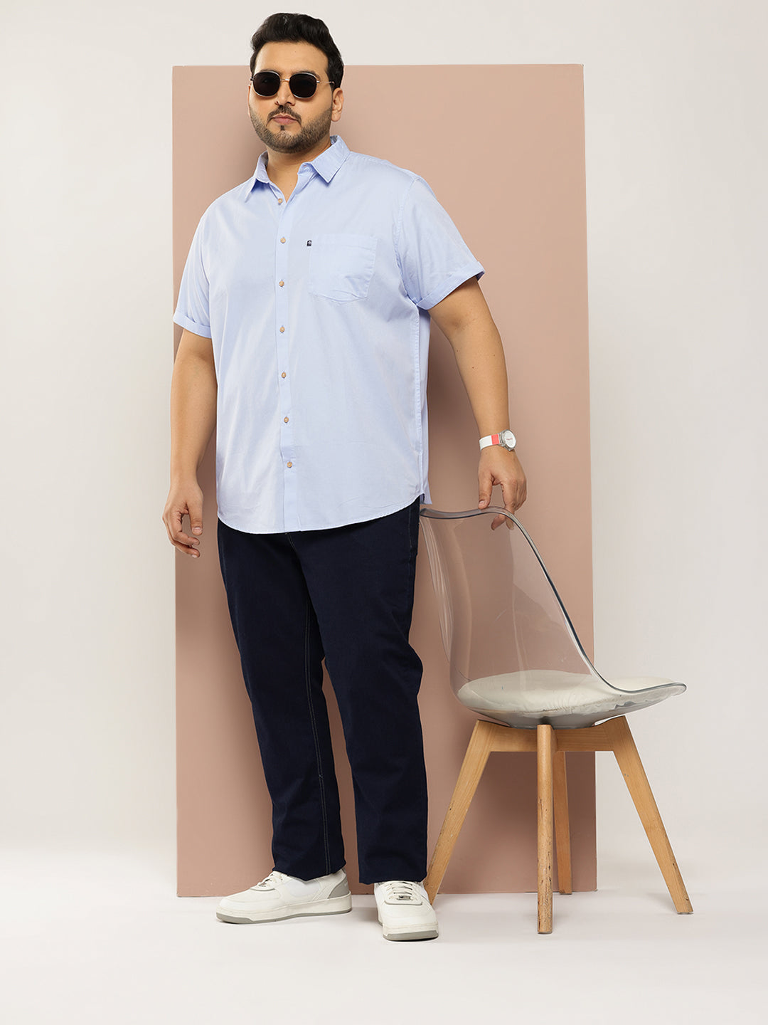 Thomas Scott Men Sky Blue Plus Size Regular Fit Short Sleeves Spread Collar 100% Cotton Casual Shirt
