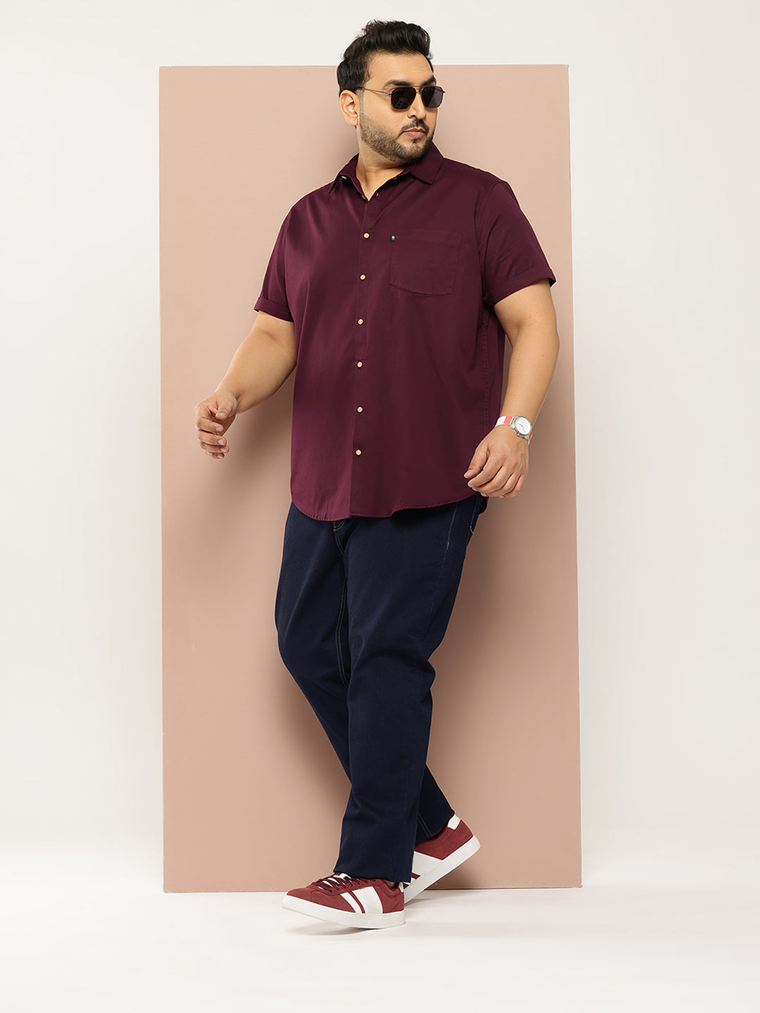 Thomas Scott Men Wine Plus Size Regular Fit Short Sleeves Spread Collar 100% Cotton Casual Shirt