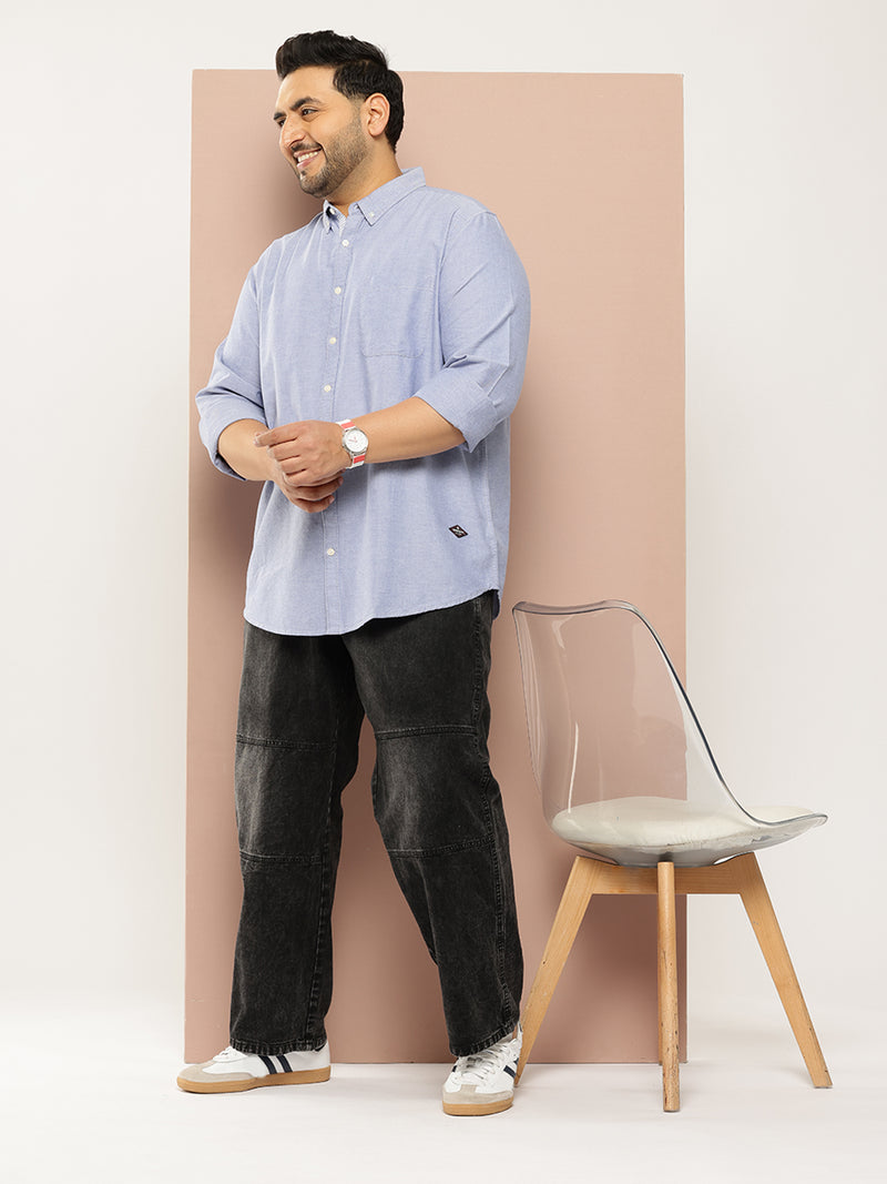 Thomas Scott Men Dark Blue Plus Size Regular Fit Long Sleeves Button-Down Collar Solid 100% Cotton Casual Shirt