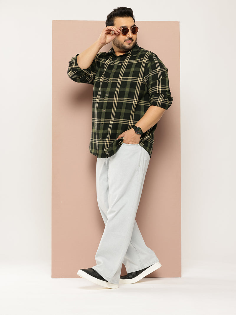 Thomas Scott Men Black Plus Size Regular Fit Long Sleeves Spread Collar Shepherd Checks 100% Cotton Casual Shirt