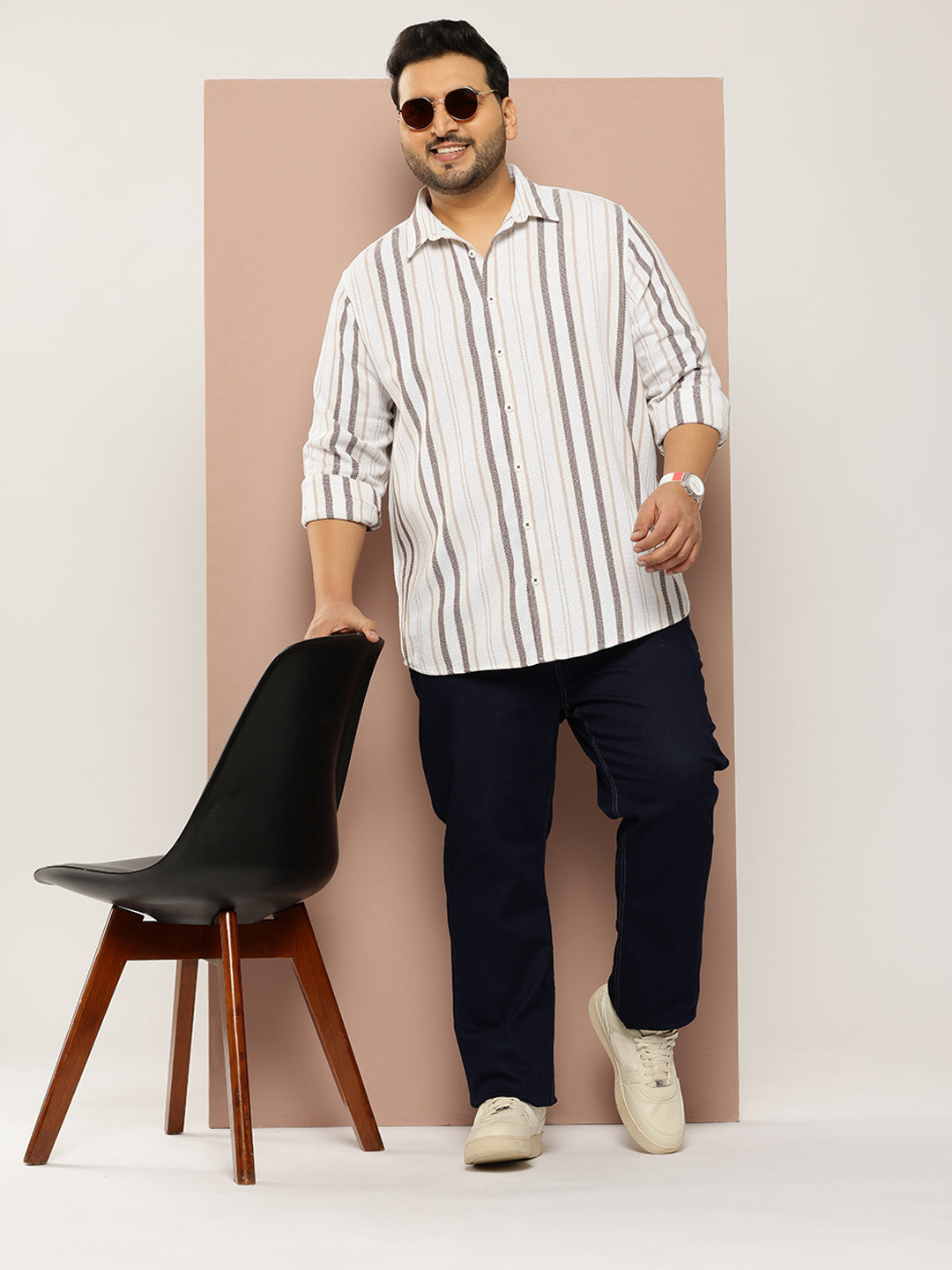 Thomas Scott Men Cream Plus Size Regular Fit Long Sleeves Spread Collar Multi Stripes 100% Cotton Casual Shirt