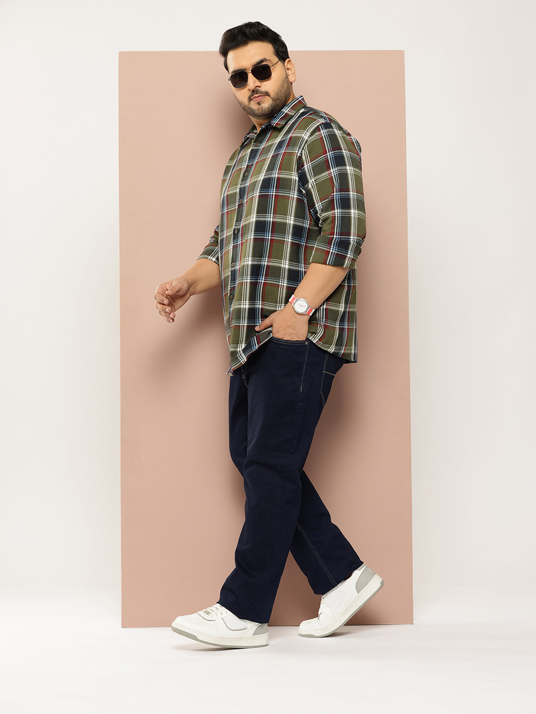 Thomas Scott Men Green Plus Size Regular Fit Long Sleeves Spread Collar Shepherd Checks 100% Cotton Casual Shirt