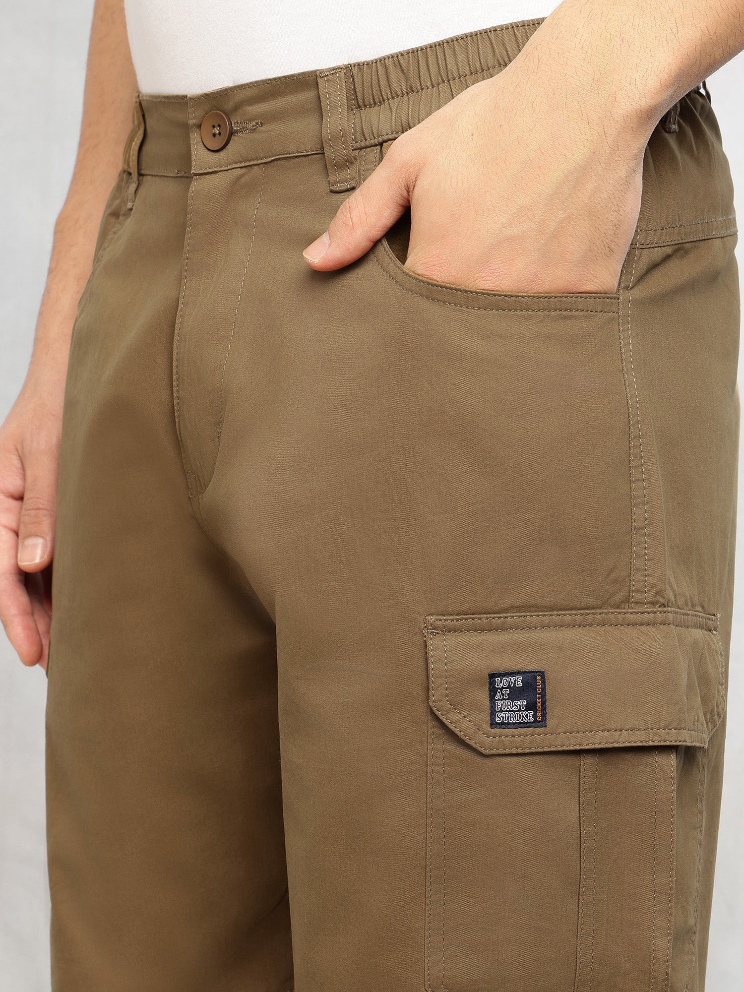 Thomas Scott Men Khaki Cricket Club Collection Mid-Rise 100% Cotton Loose Fit Solid Woven Cargo Trouser