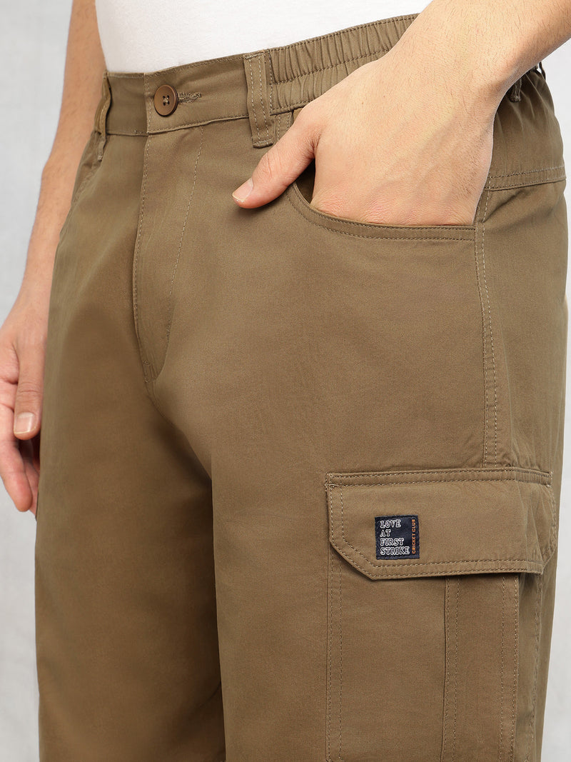 Thomas Scott Men Khaki Cricket Club Collection Mid-Rise 100% Cotton Loose Fit Solid Woven Cargo Trouser