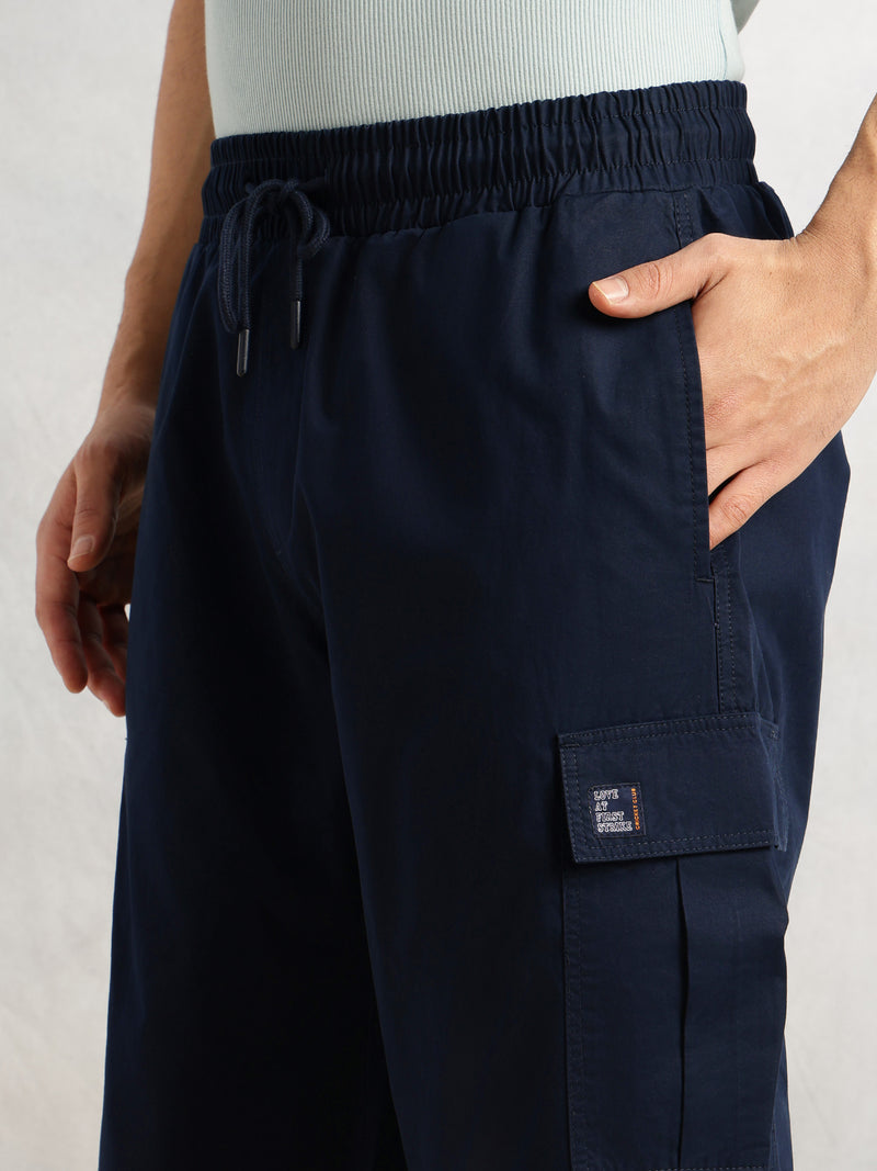 Thomas Scott Men Navy Cricket Club Collection Cargo Fit Mid Rise Solid 100% Cotton Woven Joggers
