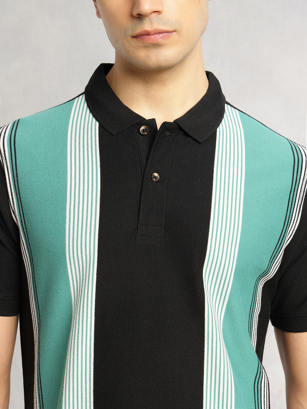 Thomas Scott Men Black Regular Fit Short Sleeves Striped Cotton Polyester Knitted Polo Collar Tshirt