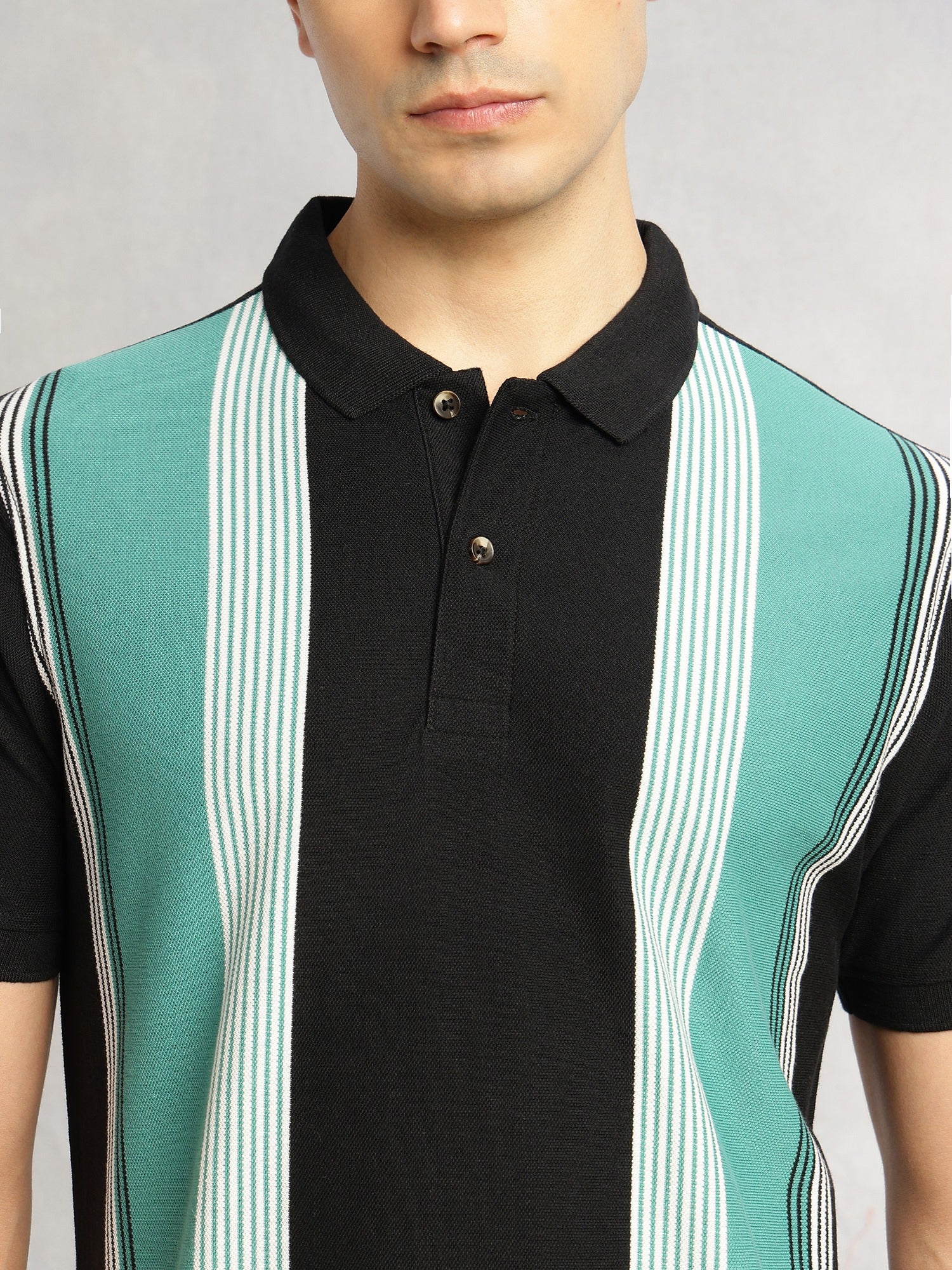 Thomas Scott Men Black Regular Fit Short Sleeves Striped Cotton Polyester Knitted Polo Collar Tshirt