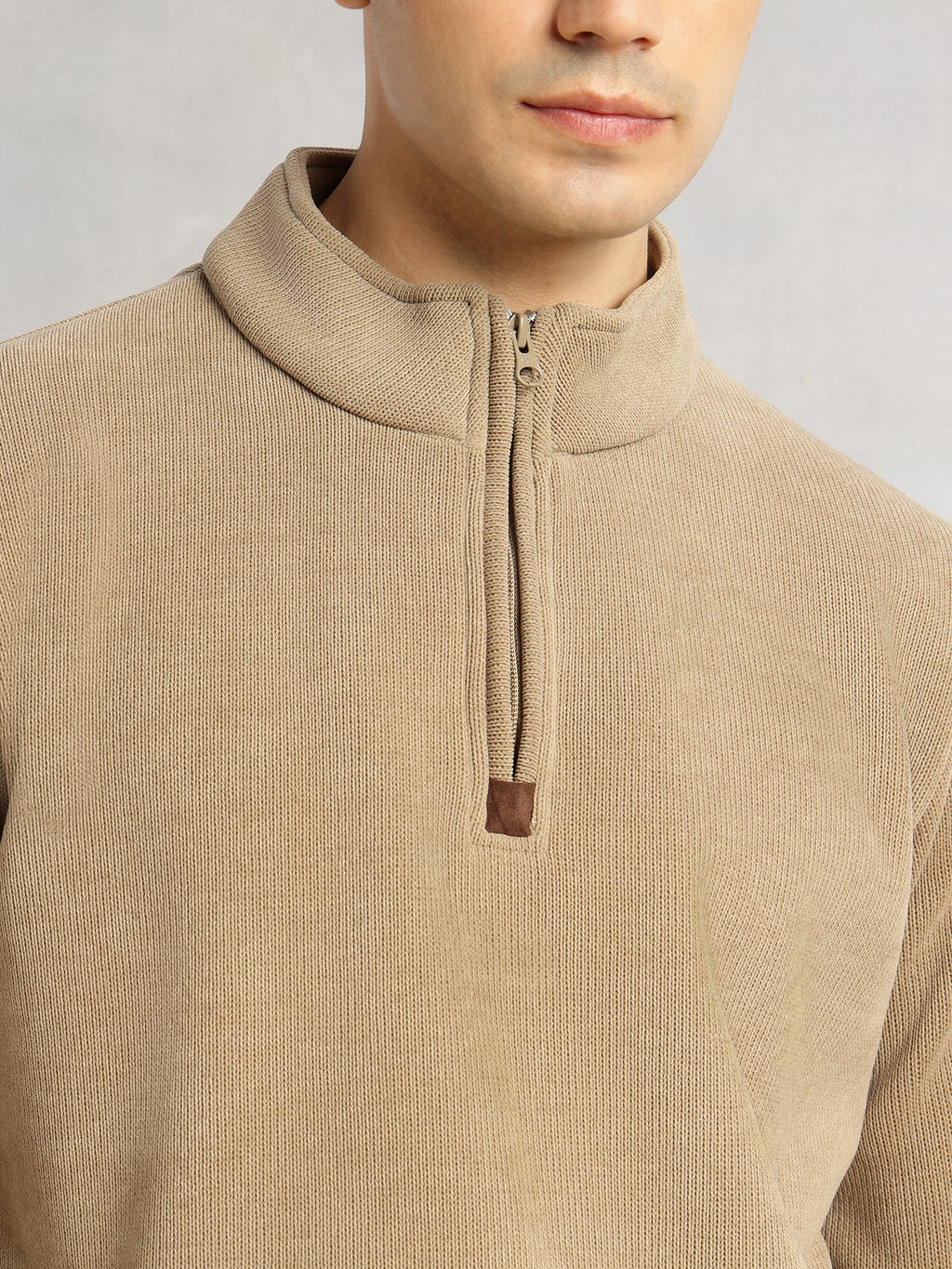 Thomas Scott Men Beige Regular Fit Long Sleeves Mock Collar Solid 100% Polyester Half-Zip Knitted Sweatshirt