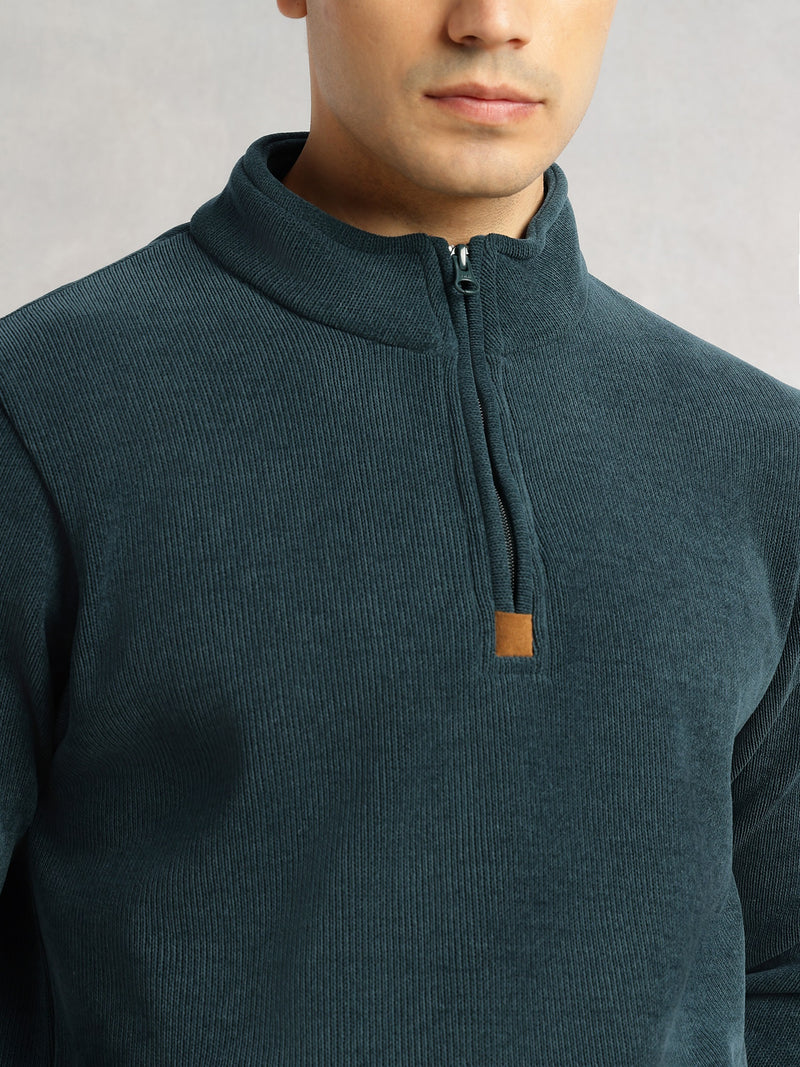 Thomas Scott Men Green Regular Fit Long Sleeves Mock Collar Solid 100% Polyester Half-Zip Knitted Sweatshirt