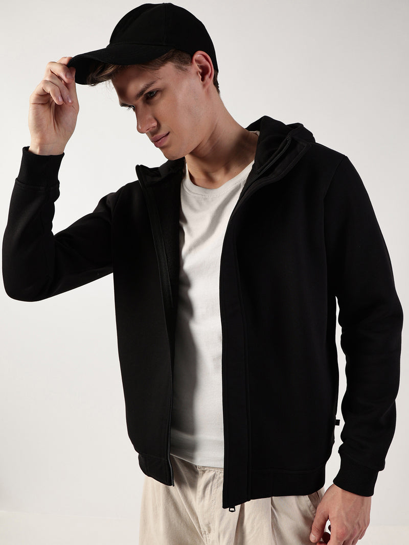 Thomas Scott Men Black Regular Fit Long Sleeves Solid Open Front Hooded Jacket