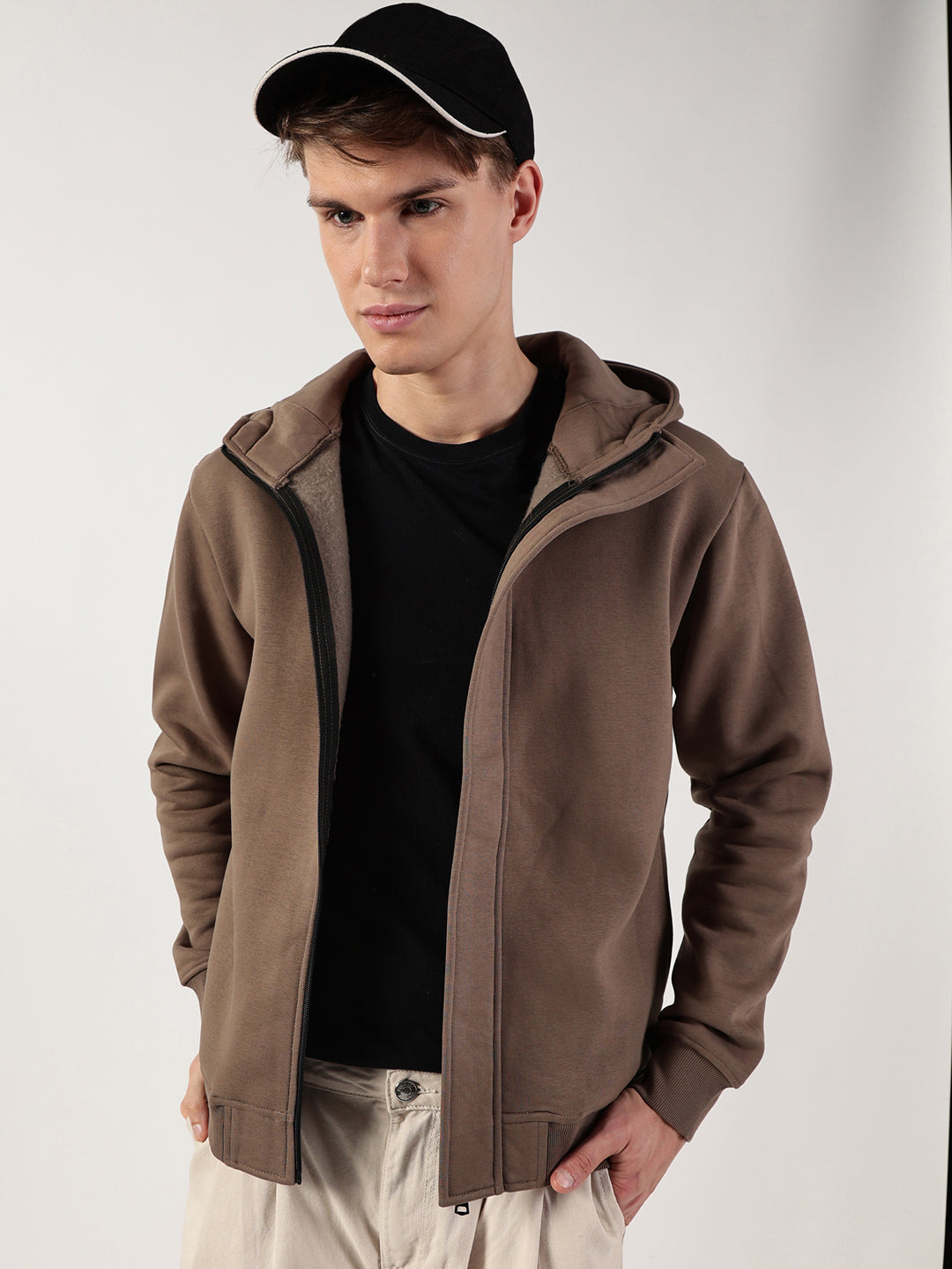 Thomas Scott Men Brown Regular Fit Long Sleeves Solid Open Front Hooded Jacket