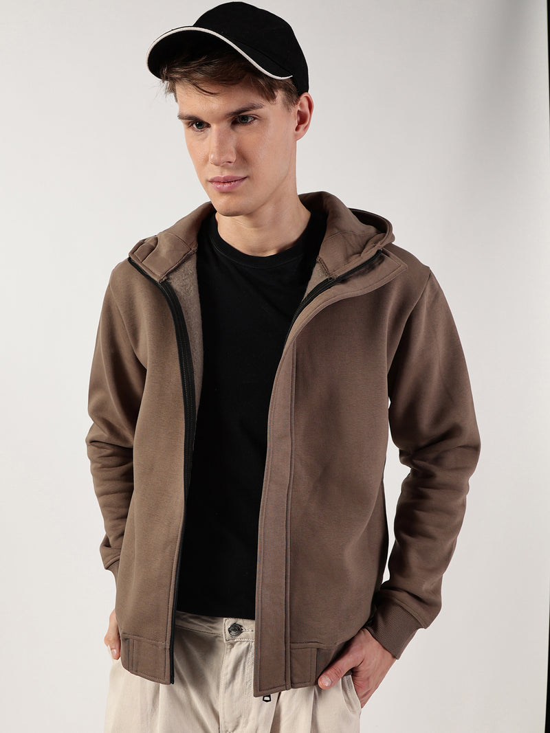 Thomas Scott Men Brown Regular Fit Long Sleeves Solid Open Front Hooded Jacket