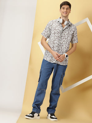 Thomas Scott Men Cream Short Sleeves Regular Sleeves Spread Collar Geometric Printed Cotton Rayon Casual Shirt