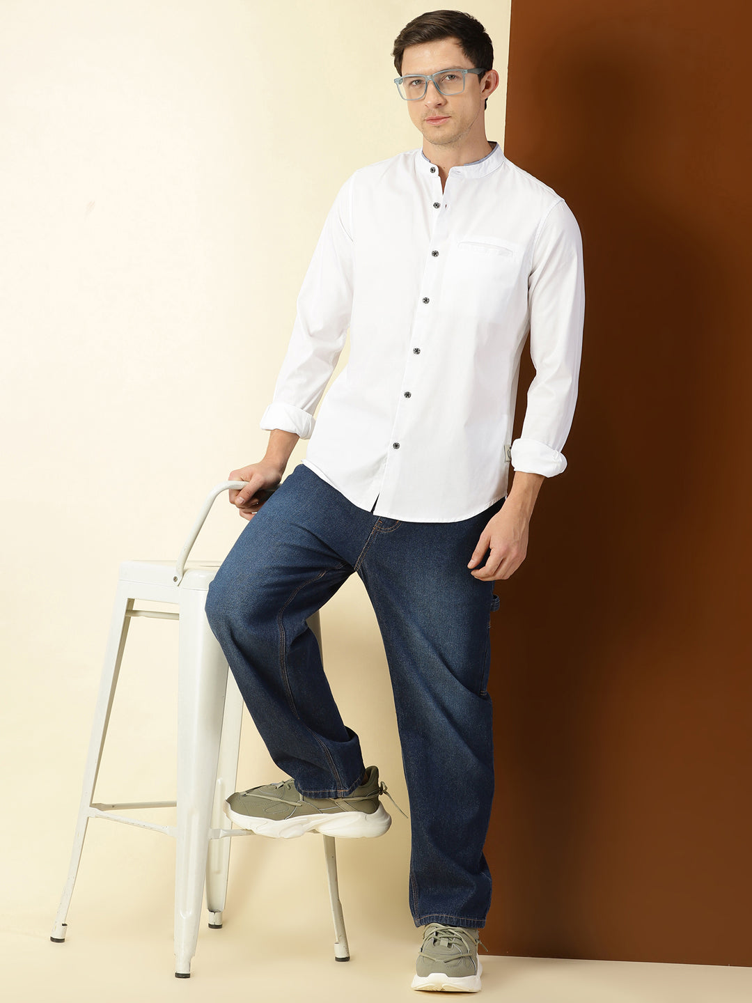 Thomas Scott Men White Cricket Club Collection Slim Fit Long Sleeves Band Collar Cotton Casual Shirt