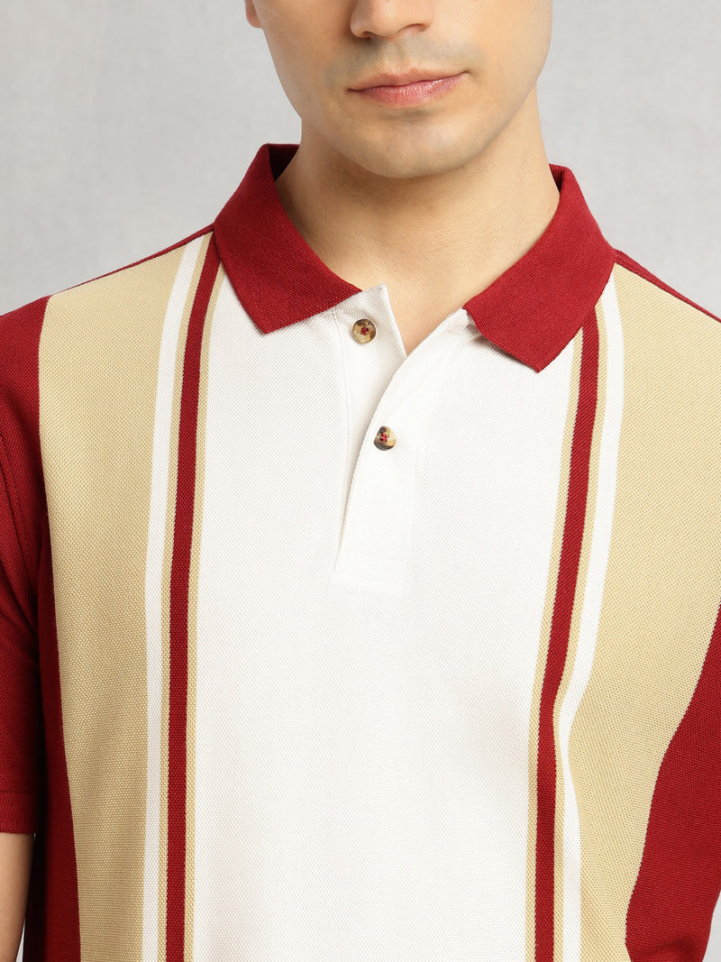 Thomas Scott Men Brick Red Regular Fit Short Sleeves Striped Cotton Polyester Knitted Polo Collar Tshirt