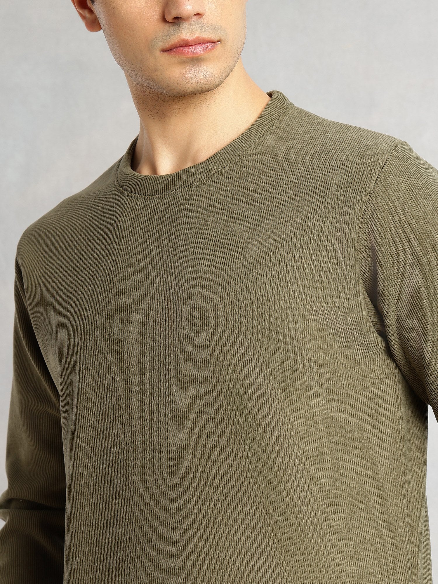 Thomas Scott Men Olive Regular Fit Long Sleeves Round Neck Solid Polyester Pullover Sweatshirt