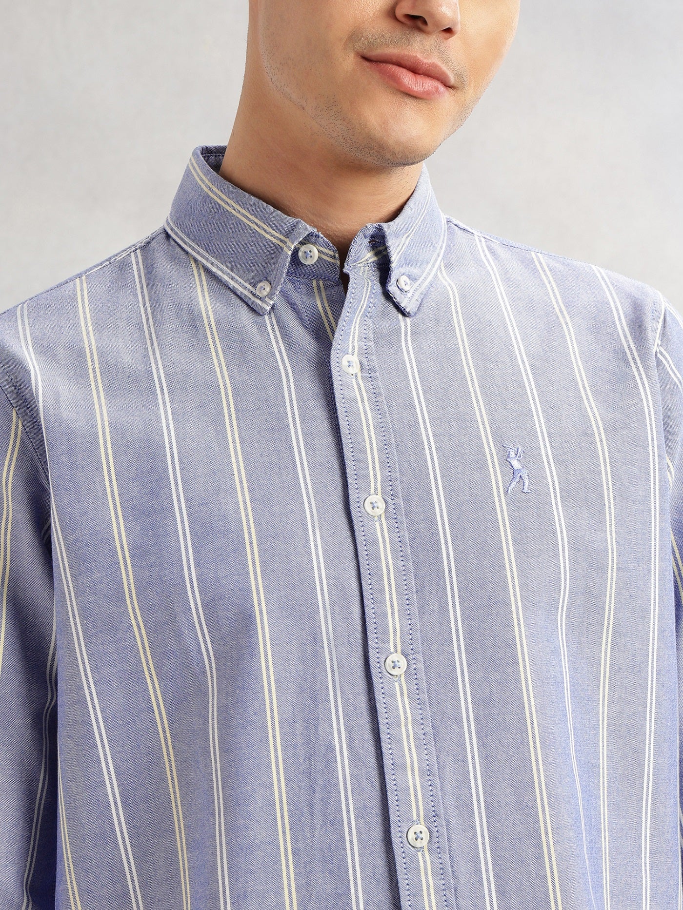 Thomas Scott Men Blue Cricket Club Collection Slim Fit Long Sleeves Button Down Collar Vertical Stripes Oxford Casual Shirt