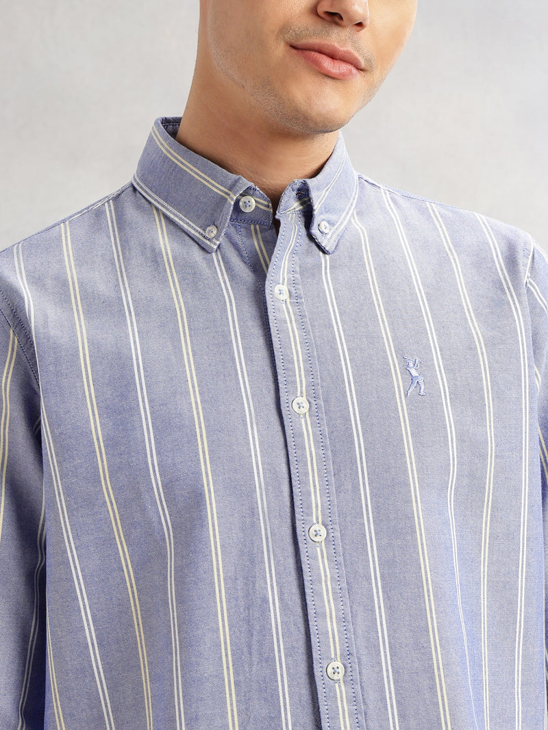 Thomas Scott Men Blue Cricket Club Collection Slim Fit Long Sleeves Button Down Collar Vertical Stripes Oxford Casual Shirt